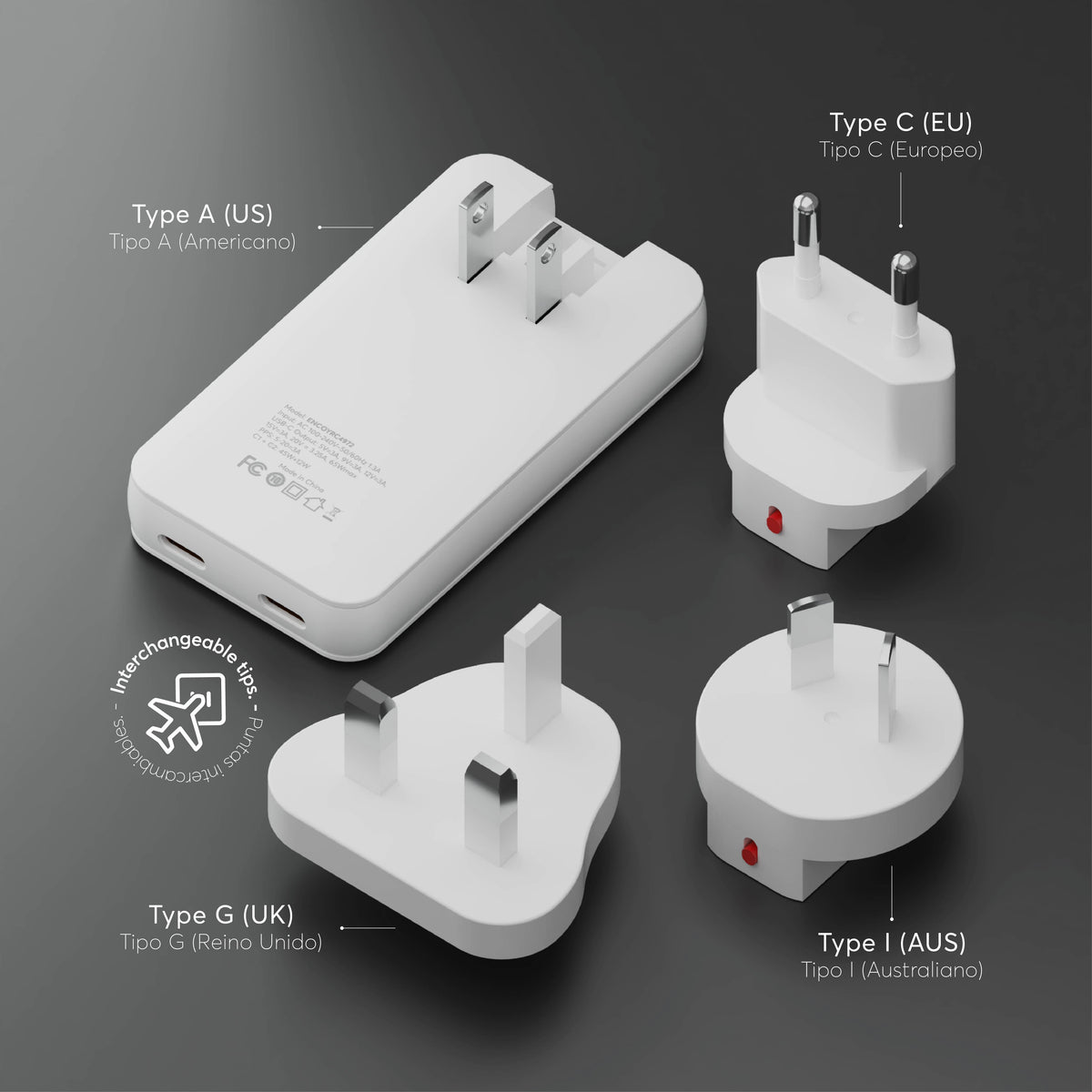 Cargador de viajes PowerPlug Ultra 65W para USB-C US/EU/AUS/UK - Attenza Panamá