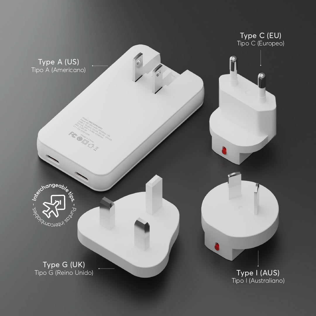 Cargador de viajes PowerPlug Ultra 65W para USB-C US/EU/AUS/UK