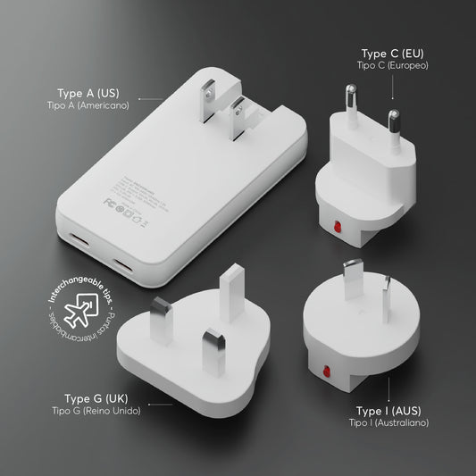 Cargador de viajes PowerPlug Ultra 65W para USB-C US/EU/AUS/UK